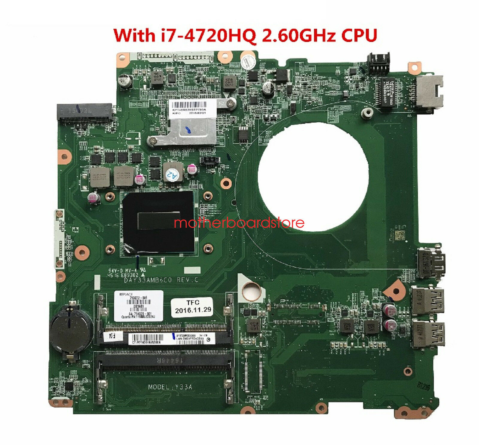 HP 17-K214NR Laptop Motherboard w/ Intel i7-4720HQ 2.6GHz CPU 793272-601 Brand: HP Compatible CPU Brand: