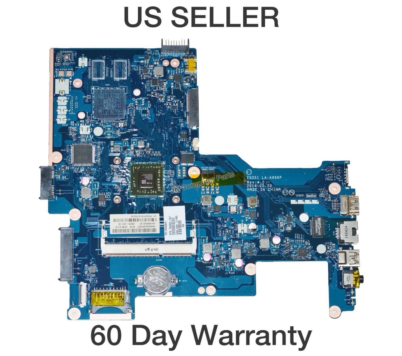 HP 15-G Laptop Motherboard w/ AMD A6-6310 1.8Ghz CPU, ZSO51, LA-A996P 764263-501 This motherboard is pulled