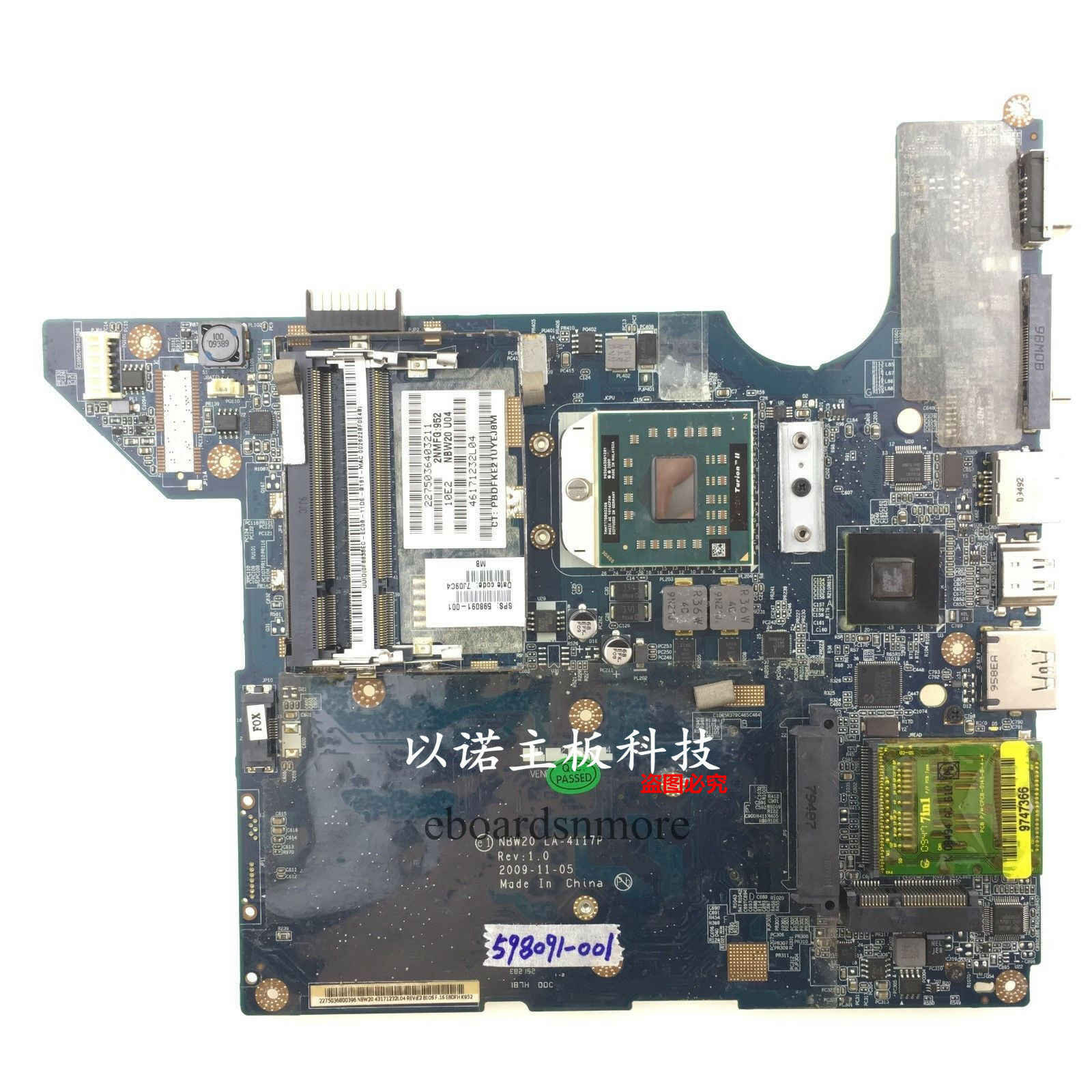 598091-001 AMD MOTHERBOARD for HP PAVILION DV4-2000 SERIES LAPTOP LA-4117P EXC Brand: HP MPN: 598091-001